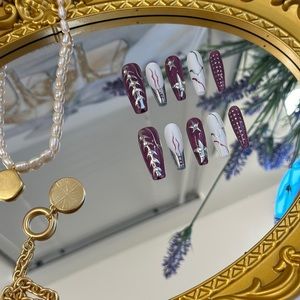 Purple and white Medium Coffin Press On Nails